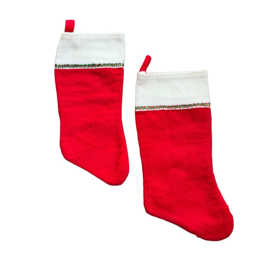 Vintage Christmas Stockings Felt Flannel Red White 13 Inch Set Of 2